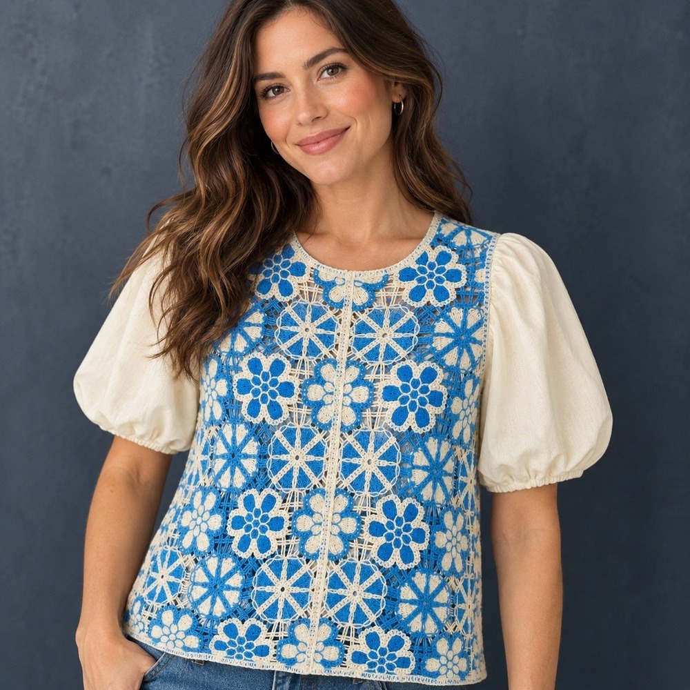 Cato Crochet Floral Panel Top Women's Medium Coastal Geo Cottagecore Boho Chic
